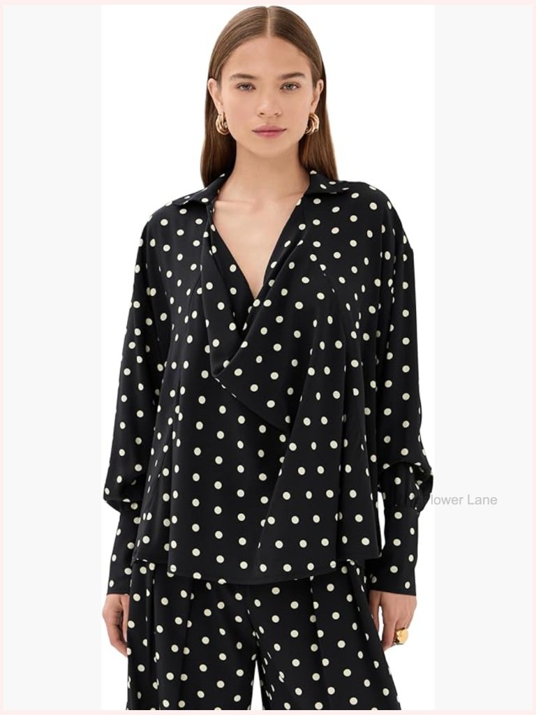 Polka Dot Silk Blouse With Cowl Neck And Long Sleeves